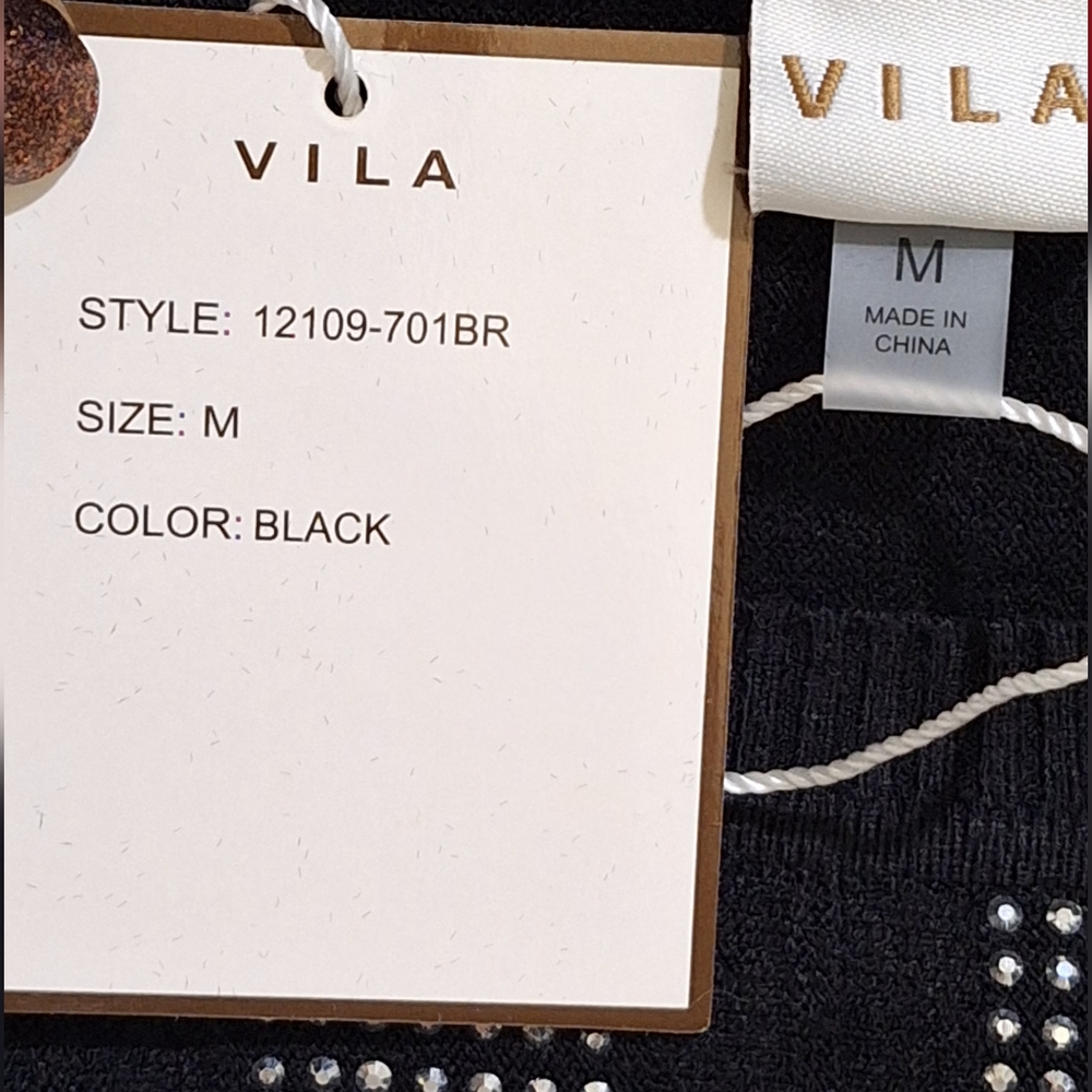 ❤️❤️SOLD❤️❤️NWT - VILA Black Crew Neck Rhinestone Sweater Sz. Oversized Medium - Picture 5 of 8